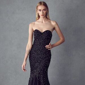 NEW LONG OFF THE SHOULDER STRAPLESS POLYESTER DRESS WITH LACE UP BACK JT 644